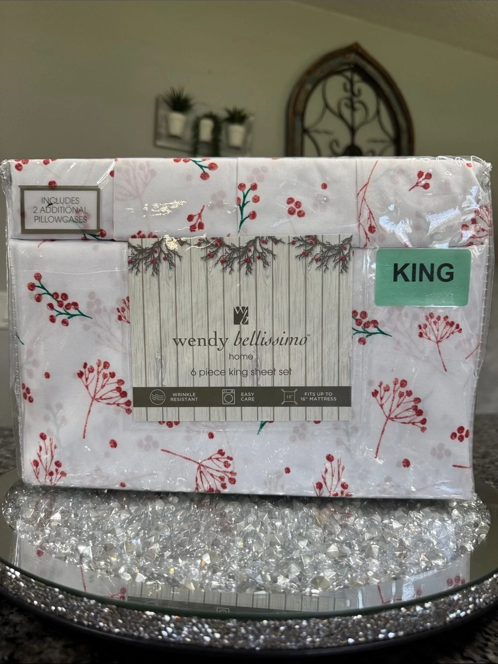 Wendy Bellissimo White Sheet Set with Red & Green Berry Sprig Print NEW